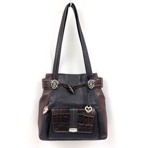 Vintage Brighton Leather Shoulder Bag Wallet Pocket Toggle Croc Embossed Black